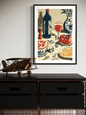 Plakat Wine Table - włoski stół z winem, pomidorami, makaronem, szkicowy styl - obrazek 2