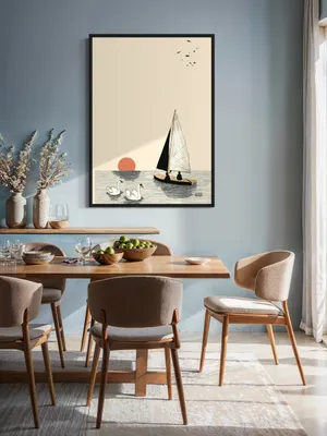 Plakat Swan Evening - minimalistyczny plakat z łabędziami, żaglówką i zachodem słońca - obrazek 2