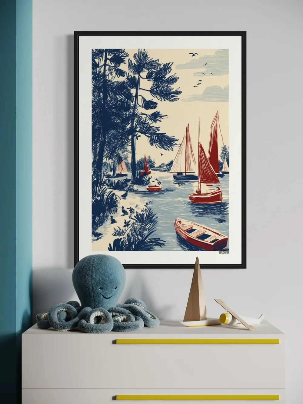 Plakat Sailing Lake - szkicowe jezioro z żaglówkami w retro stylu - obrazek 3