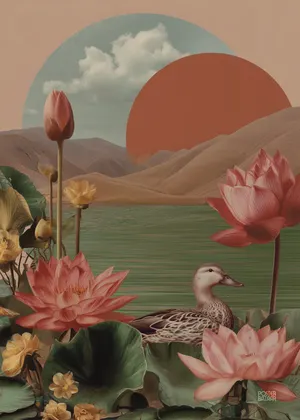 Plakat Lotus Lake Mirage - surrealistyczny plakat z kaczką i kwiatami lotosu nad jeziorem