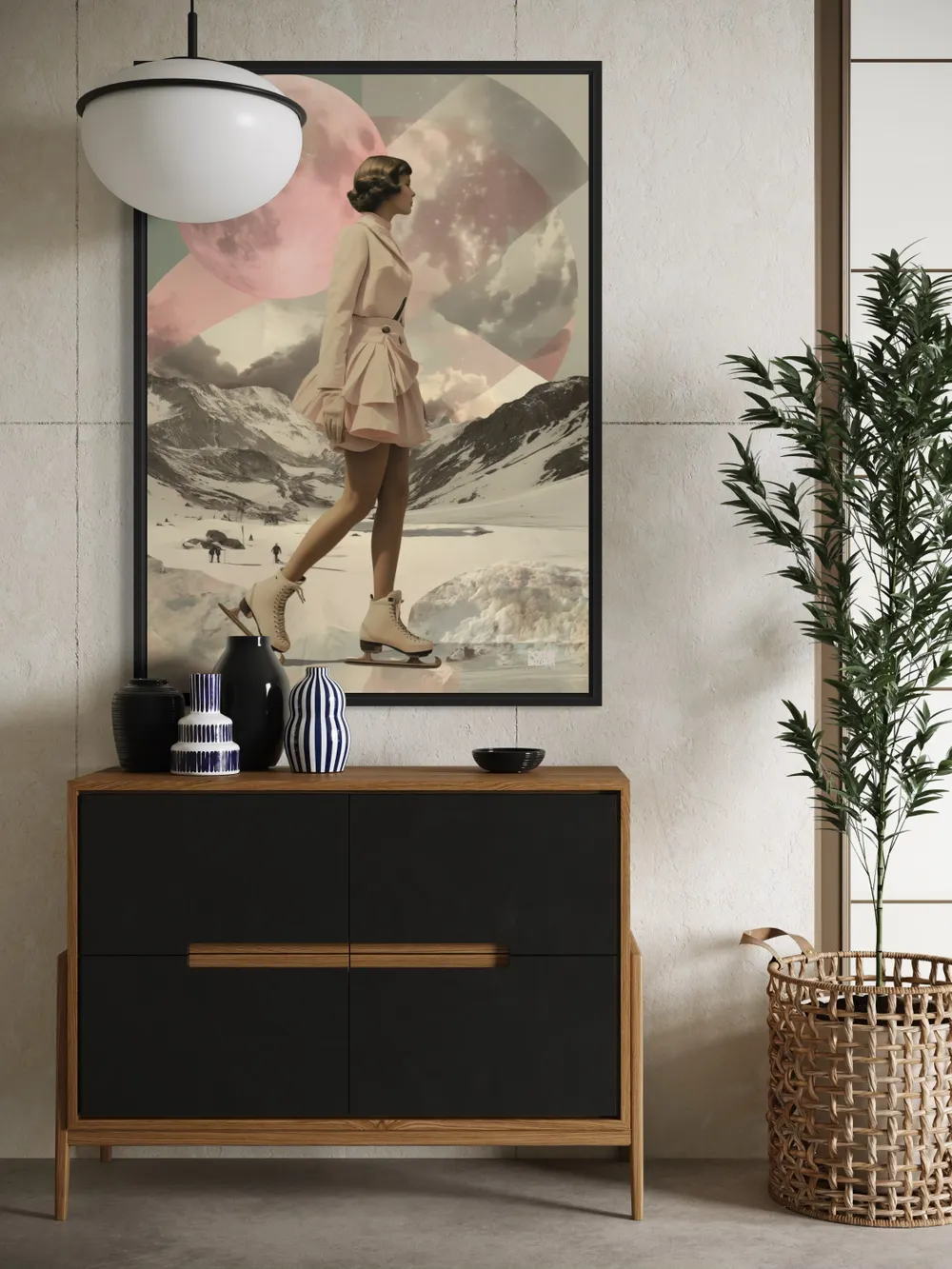 Plakat Lunar Skater - elegancka łyżwiarka na tle różowego księżyca - obrazek 2