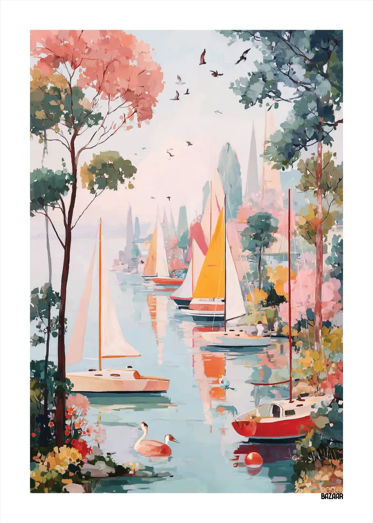 Sailboats Lake — kolorowe żaglówki na spokojnym jeziorze