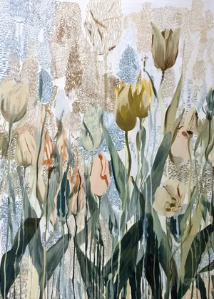 Plakat Muted Tulips - delikatne tulipany abstrakcyjne malowane beżowymi, zielonymi i błękitnymi akcentami, z nutą brązu