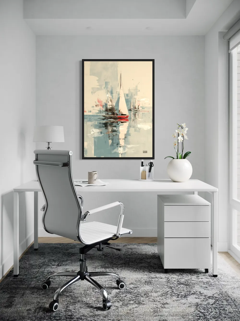 Plakat Crimson Reflection - jacht z czerwonym kadłubem na spokojnej wodzie - obrazek 2