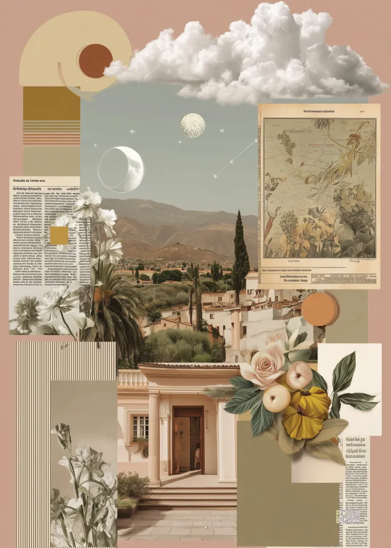 Dreamy Garden — pastelowy kolaż willi, kwiatów i geometrycznych kształtów
