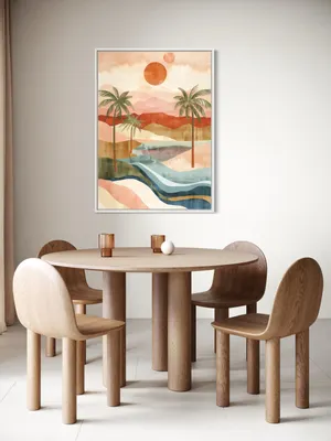 Plakat Tropical Mirage - palmy, turkusowa rzeka, pastelowe niebo, surrealistyczny krajobraz - obrazek 2