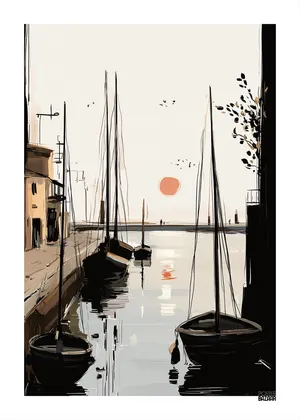 Plakat Harbor Stillness - spokojna przystań z łódkami i pomarańczowym słońcem