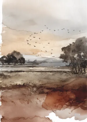 Plakat Sepia Migration - spokojna przestrzeń w odcieniach sepii i brązu