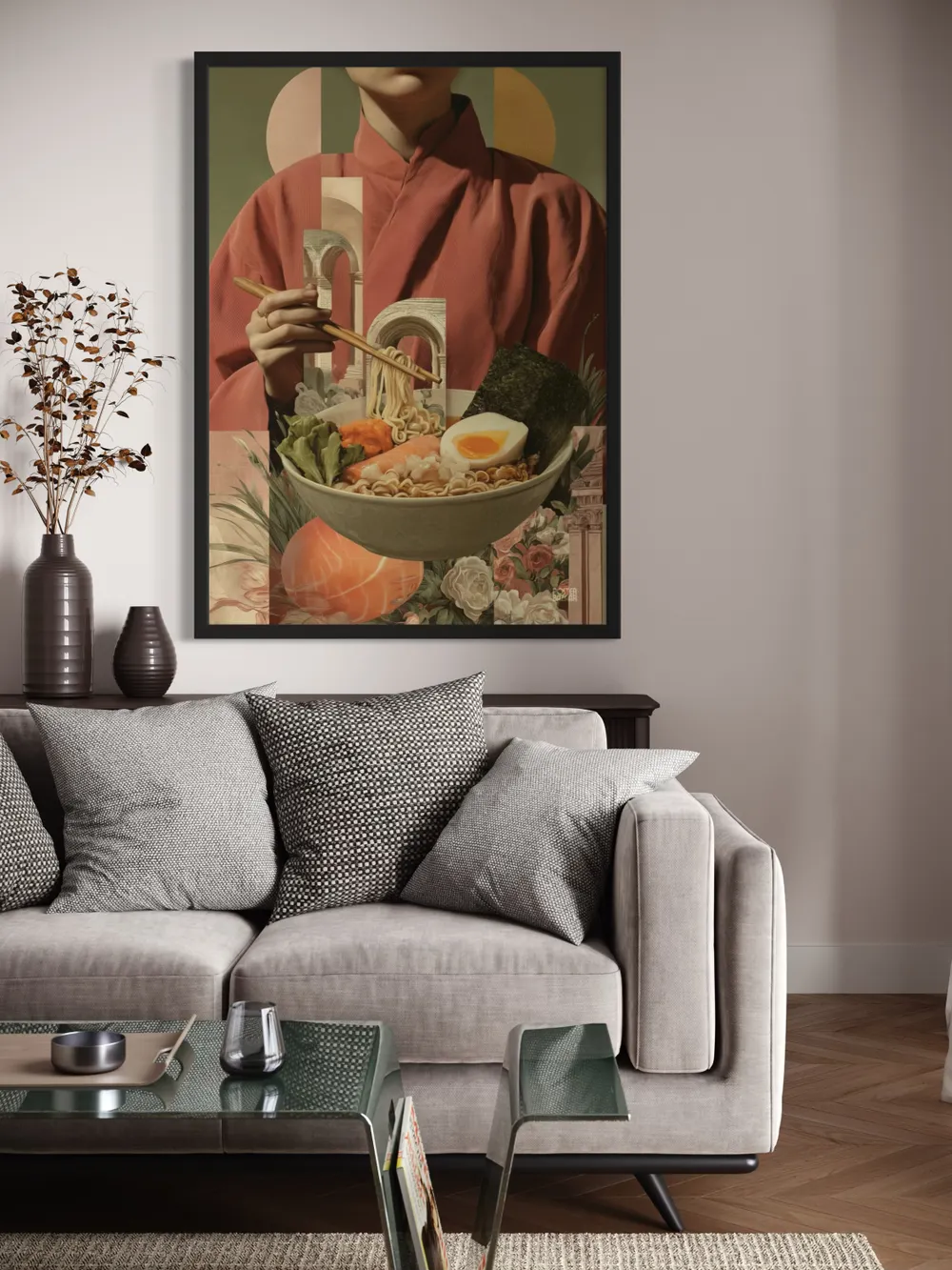 Plakat Ramen Reverie - miska ramenu z jajkiem, łososiem i różowym kimono - obrazek 2