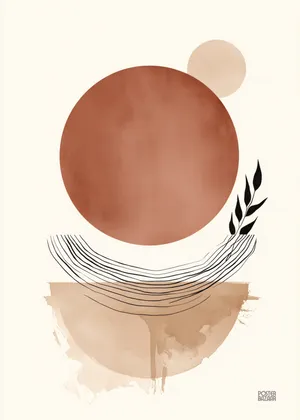 Plakat Terracotta Balance - minimalistyczne ceglaste koło z liśćmi i liniami