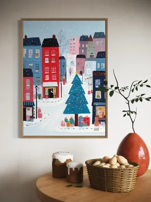 Plakat Snowy Gift Lane - kolorowa choinka i zimowe miasteczko w śniegu - obrazek 3