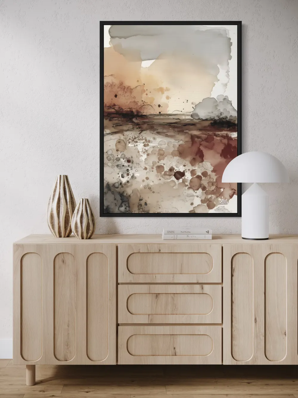 Plakat Desert Mist - abstrakcyjny pejzaż pustynny w stonowanych beżach, brązach i szarościach - obrazek 3