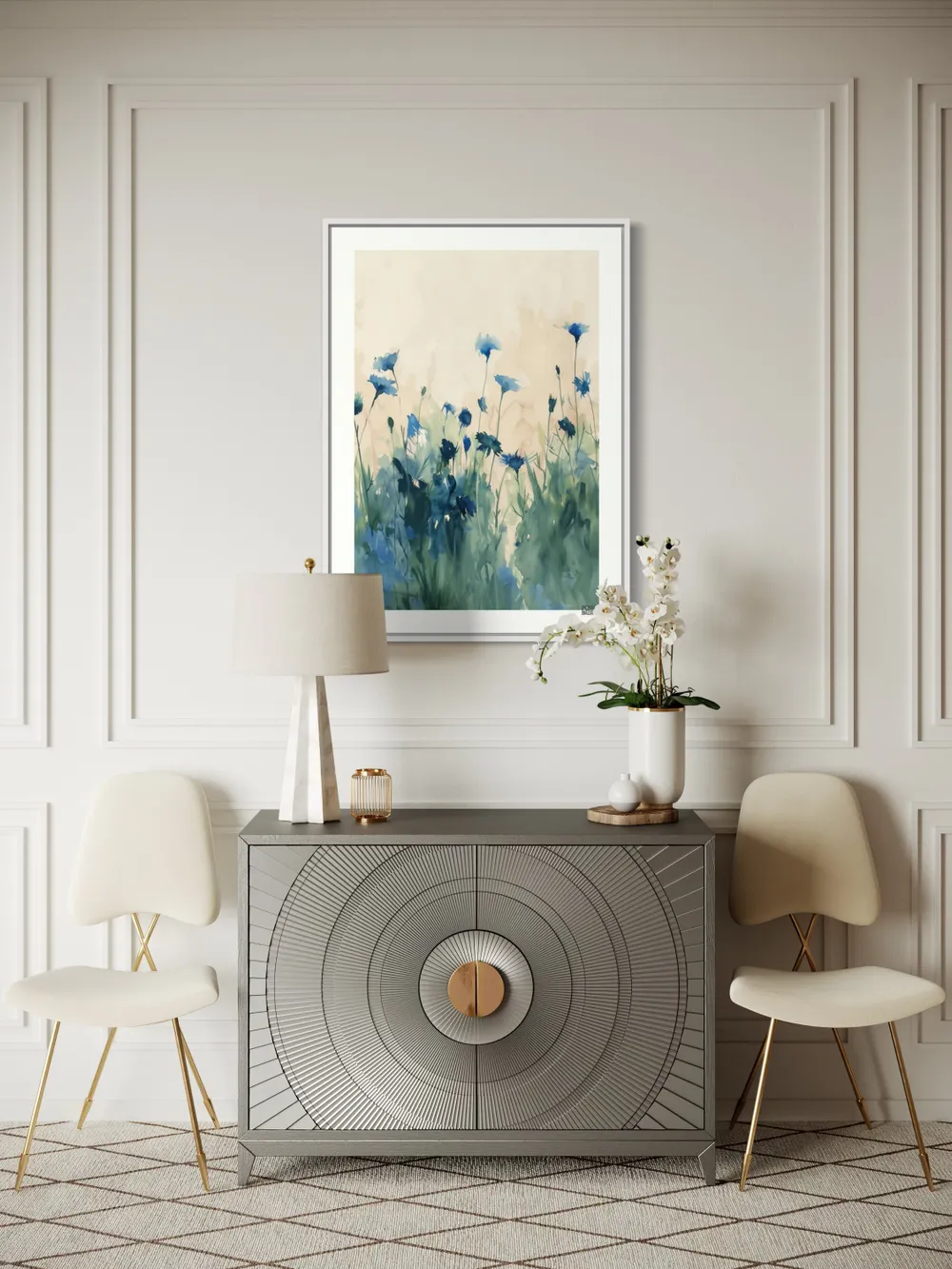 Plakat Blue Meadow - delikatne niebieskie kwiaty na zielonej łące w akwarelowym stylu - obrazek 3