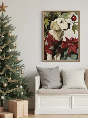 Plakat Starry Poinsettia - uroczy pies w czerwonym swetrze i świąteczny kwiat - obrazek 2