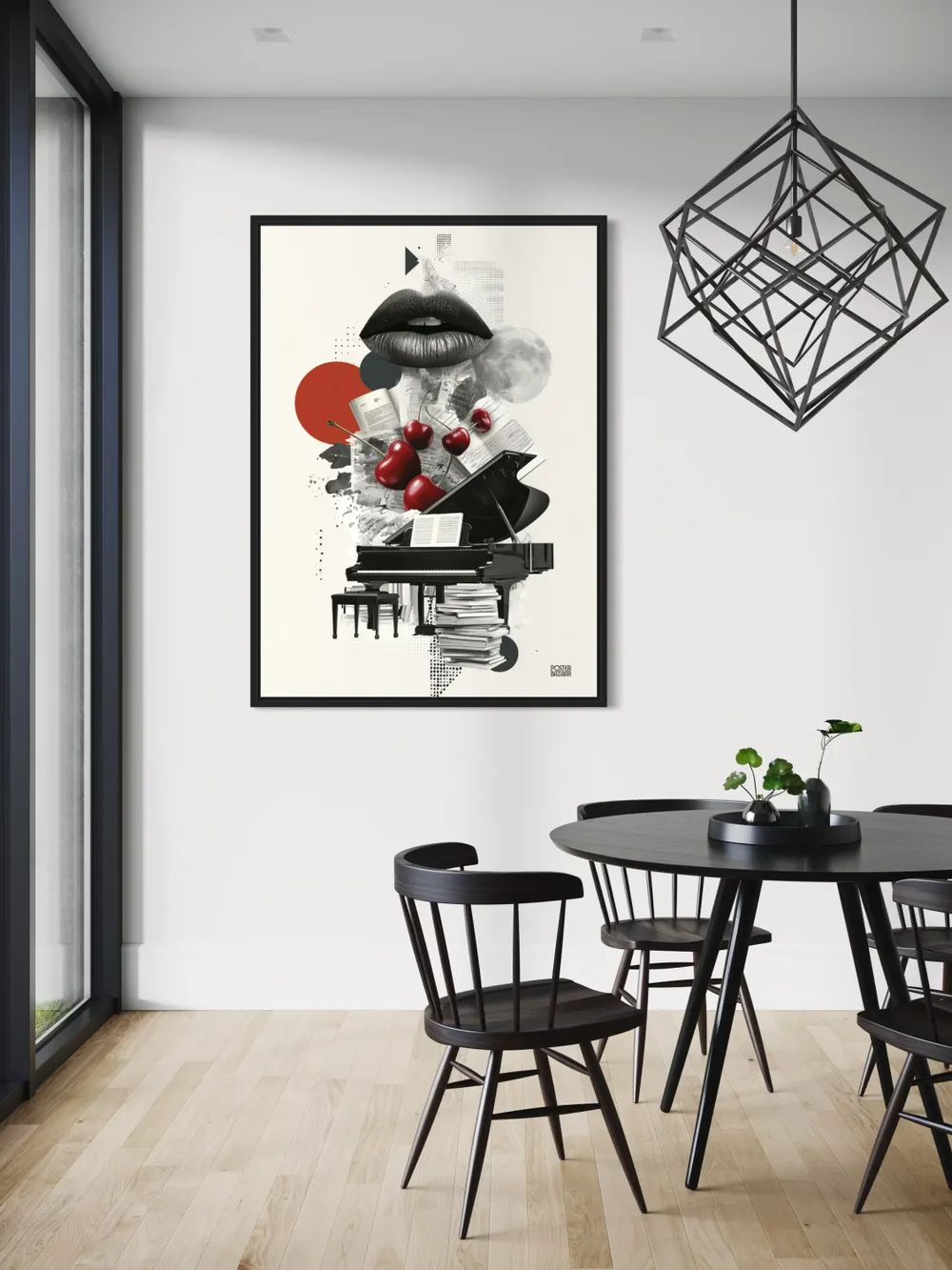 Plakat Cherry Lips - czarny fortepian, nuty, wiśnie, usta i księżyc w kolażu - obrazek 2