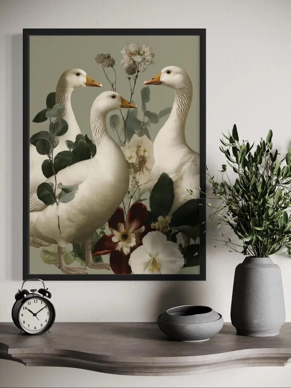 Plakat Goose Gathering - trzy białe gęsi wśród zielonych liści i kwiatów - obrazek 3