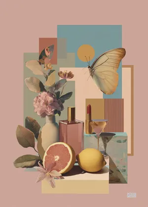 Plakat Butterfly Stilllife - pastelowa martwa natura z kwiatami, owocami i motylem