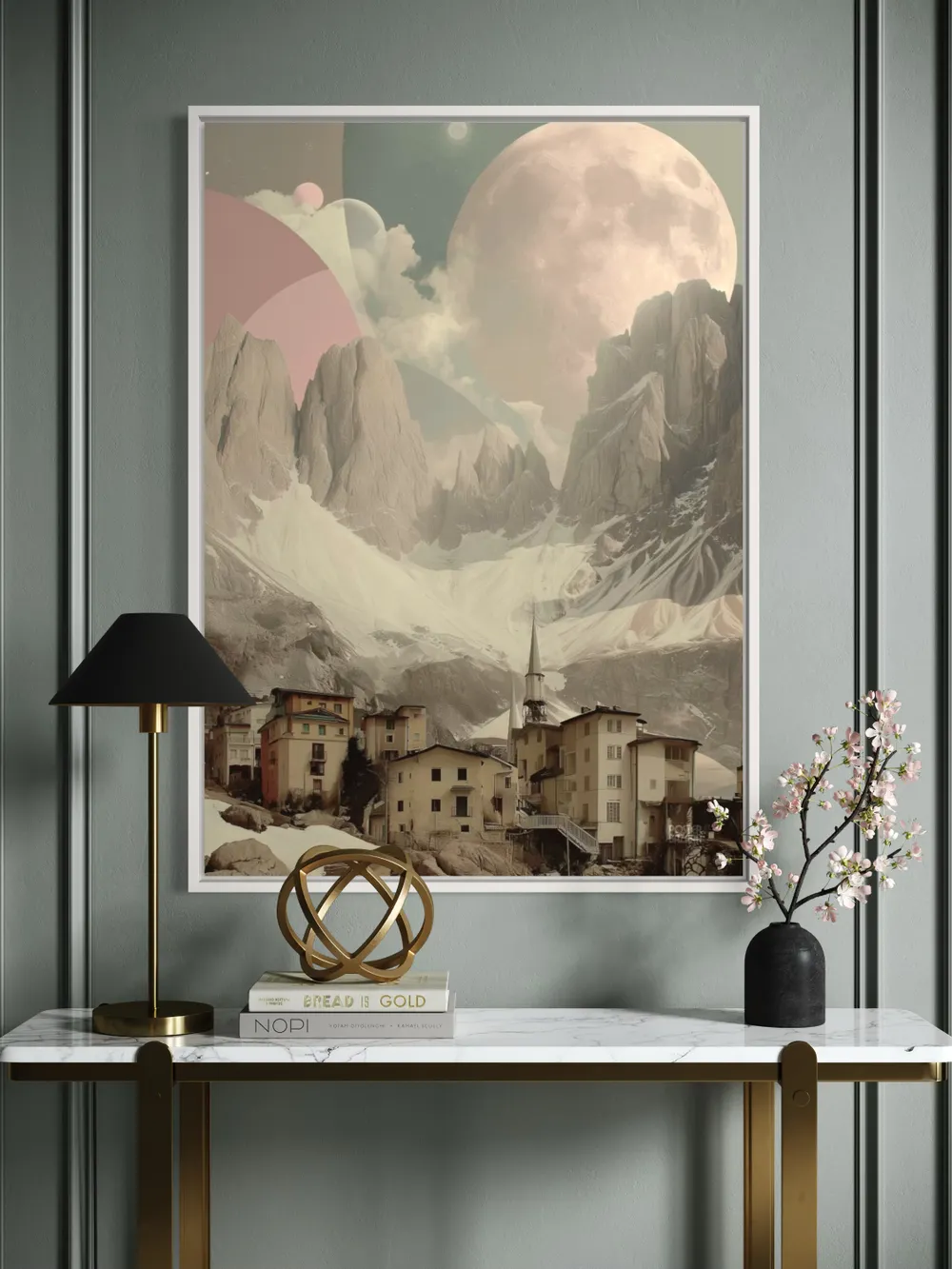 Plakat Celestial Hamlet - plakat surrealistyczny z górską wioską i pastelowymi planetami - obrazek 2