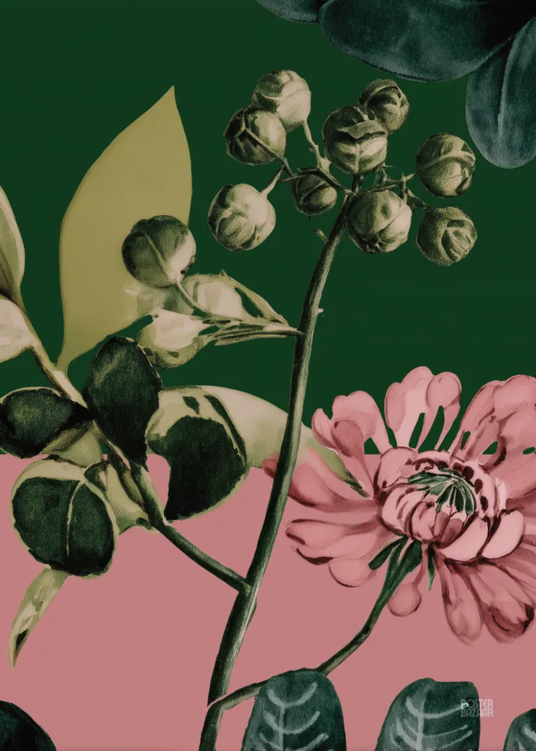 Botanical Medley — botaniczna kompozycja liści i kwiatów w nowoczesnym stylu, ciemna zieleń, oliwka i pudrowy róż