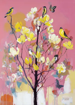 Plakat Pink Floral Birds - ptaki na drzewie malowane różowym tle, żółte kwiaty dodają życia