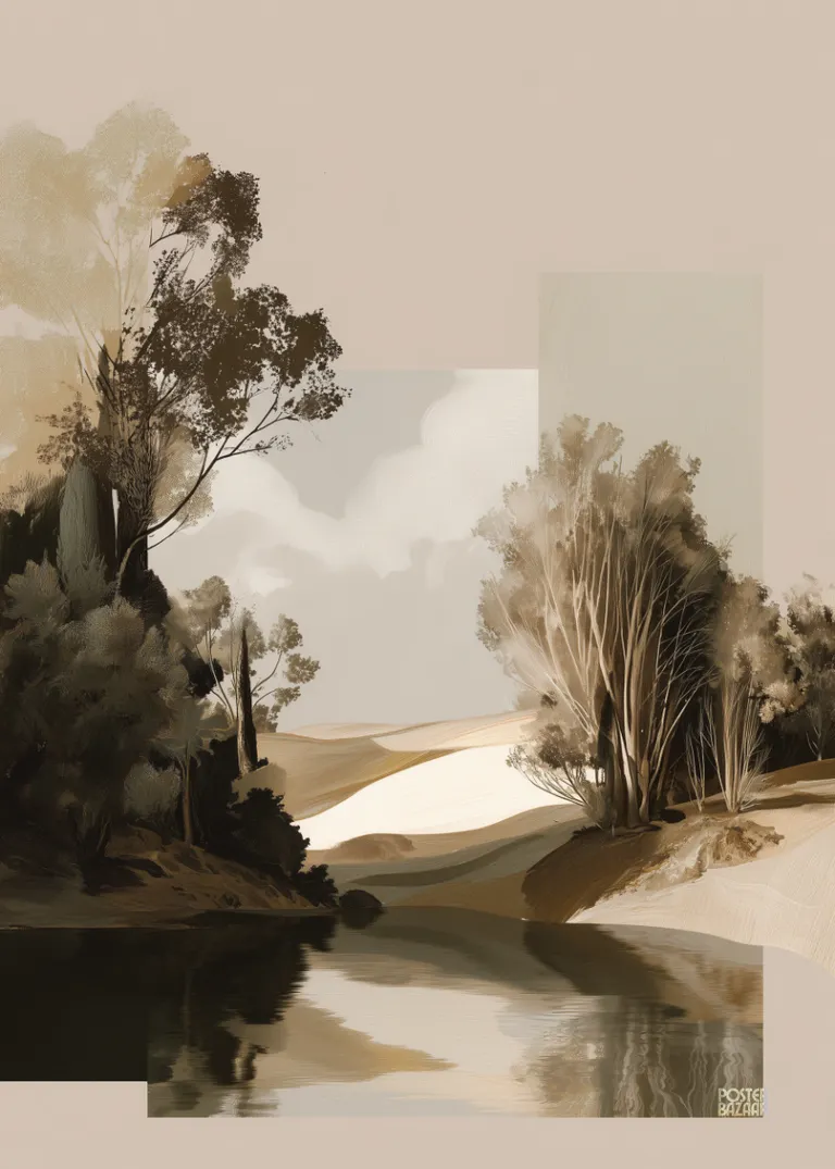 Muted Oasis — spokojny krajobraz z oliwkowa zielenia i pastelowa harmonia