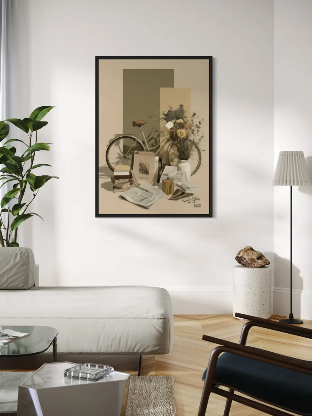 Plakat Bicycle Still Life - klasyczny rower retro, książki, kwiaty, ciepła kolorystyka - obrazek 2