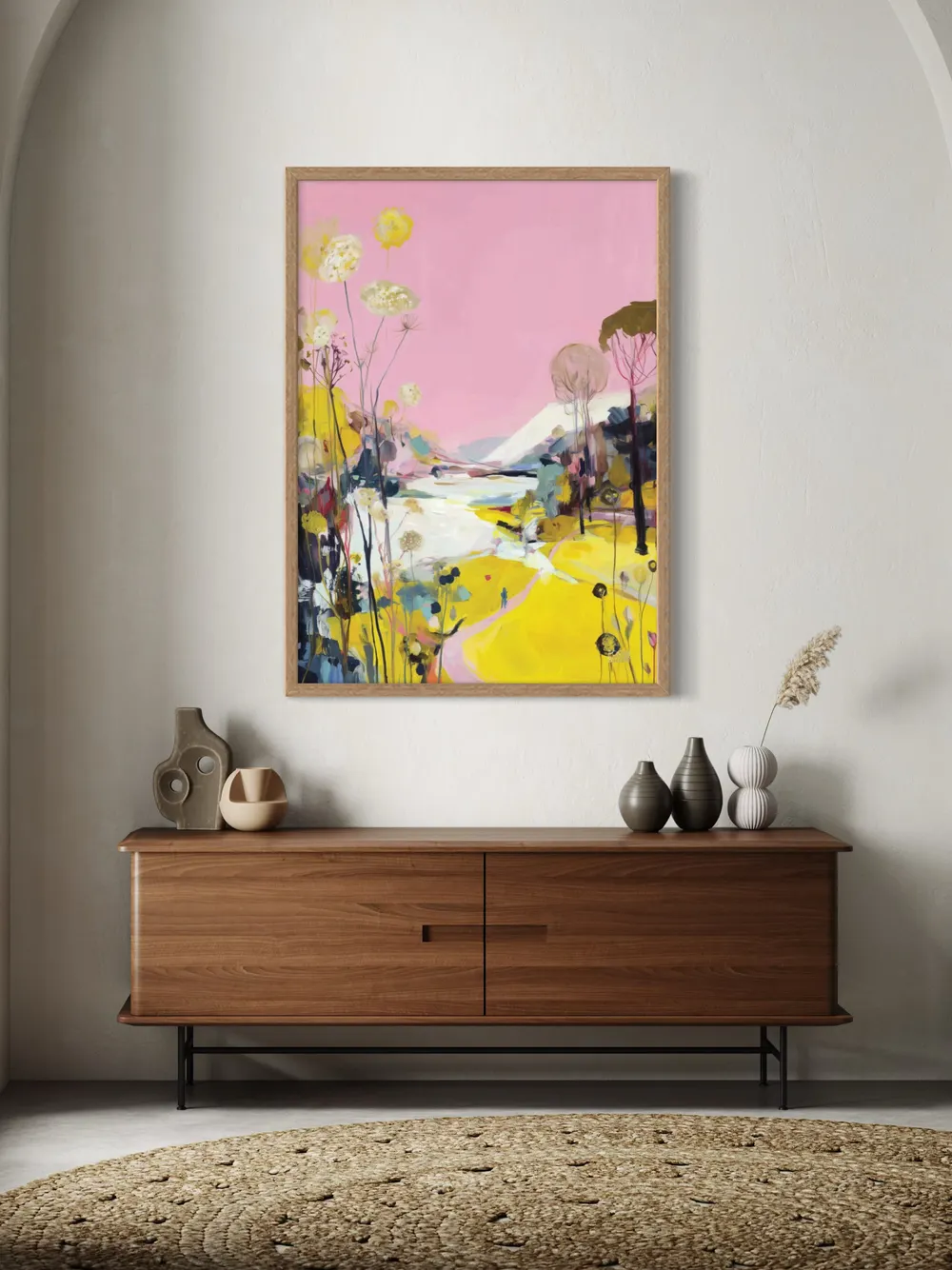 Plakat Pink Pathway - różowy krajobraz z krętą ścieżką i polnymi kwiatami w abstrakcyjnym stylu, pełen żółtych i białych akcentów - obrazek 3