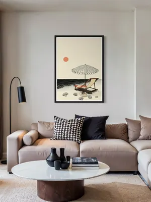 Plakat Shell Siesta - minimalistyczny leżak pod parasolem z muszelkami i różowym słońcem - obrazek 2