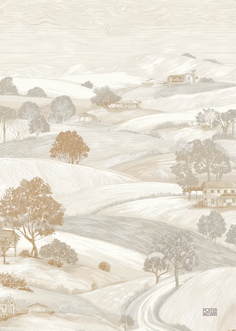 Countryside Whispers — delikatny krajobraz wiejskich wzgórz, pastelowa tonacja, szkicowy styl