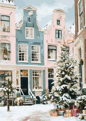 Plakat Snowy Pastels - ośnieżona choinka i pastelowe kamienice z prezentami
