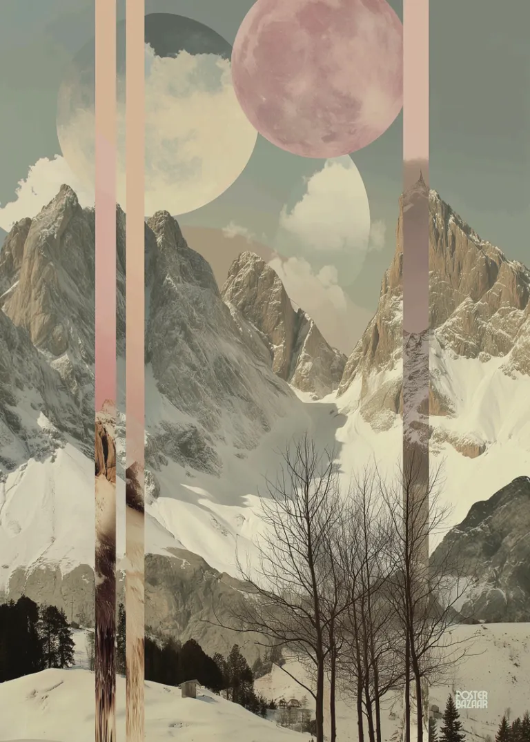 Celestial Peaks — plakat z ośnieżonymi górami i pastelowymi planetami