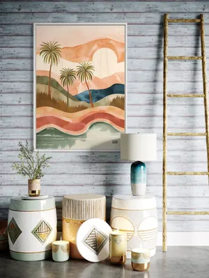 Plakat Tropical Sunset - pastelowy krajobraz z palmami - obrazek 3