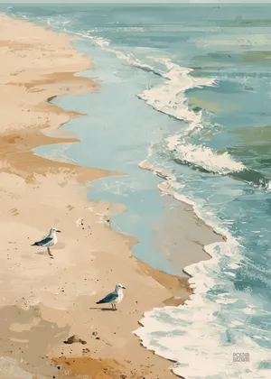 Plakat Seaside Calm - spokojna plaża z mewami w pastelowych odcieniach