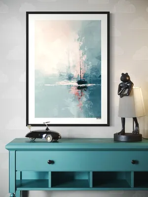 Plakat Sailboat Dream - pastelowe żaglówki na spokojnej wodzie w mięcie i różu - obrazek 2