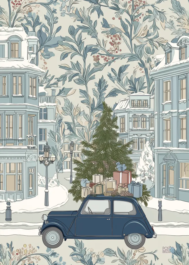 Frosty Delivery — klasyczny samochód z choinką na zimowej ulicy