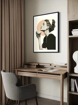 Plakat Elegant Sip - stylowa kobieta z filiżanką na minimalistycznym tle - obrazek 2