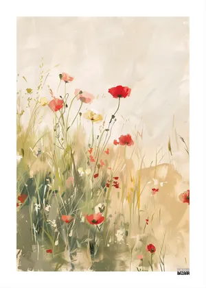 Plakat Wild Meadow - delikatna łąka z makami i polnymi kwiatami w pastelowych barwach