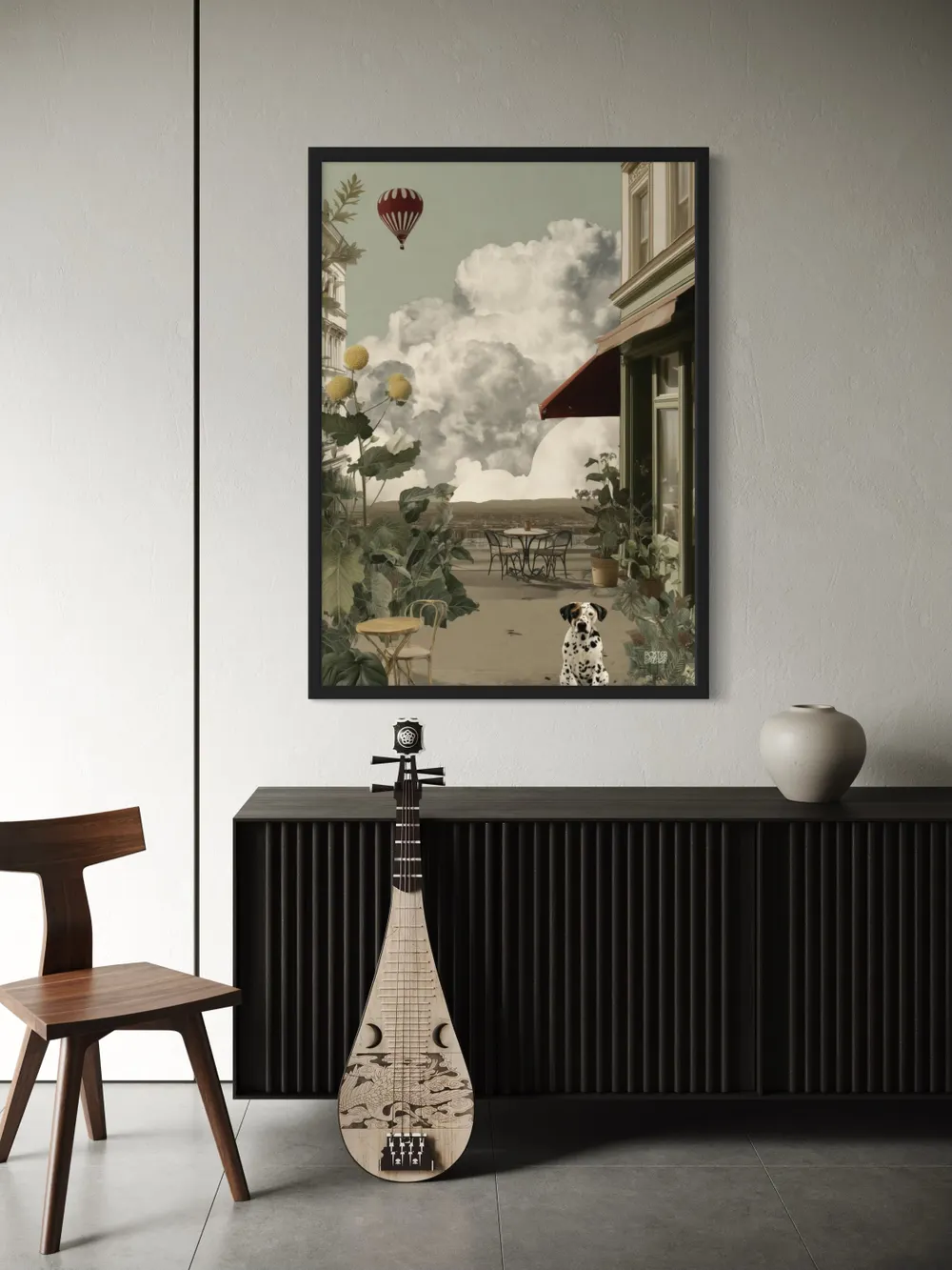 Plakat Balloon & Dalmatian - dalmatyńczyk na tarasie kawiarni, czerwony balon, pastelowe barwy - obrazek 2