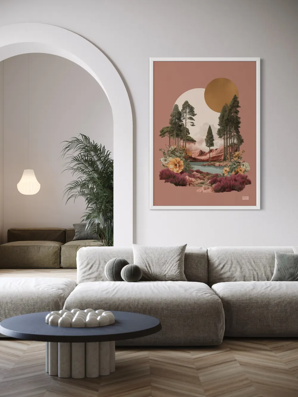 Plakat Sunset Mirage - surrealistyczny krajobraz z sosnami, kwiatami, jeziorem i górami w różu - obrazek 3