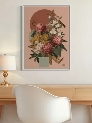 Plakat Peony Garden - piwonie w rozowych i bordowych odcieniach z motylami i ptakiem - obrazek 3