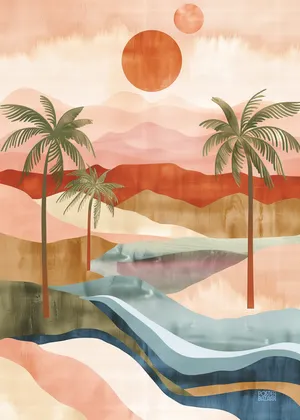 Plakat Tropical Mirage - palmy, turkusowa rzeka, pastelowe niebo, surrealistyczny krajobraz