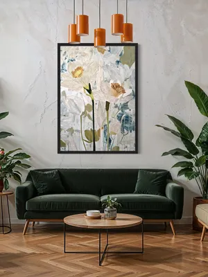 Plakat Daffodil Strokes - białe narcyzy na abstrakcyjnym tle malowane delikatnymi pociągnięciami pędzla w błękitach i beżach - obrazek 3