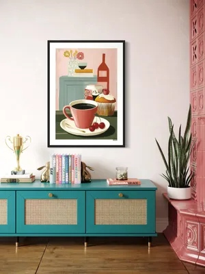 Plakat Coffee Break - filiżanka kawy z wiśniami i babeczką w pastelowym stylu - obrazek 3