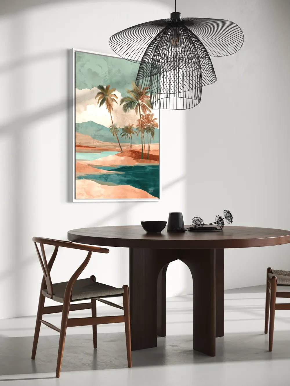 Plakat Palm Escape - plakat z palmami nad spokojna woda w pastelowych kolorach - obrazek 3