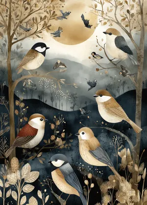 Plakat Moonlit Aviary - ptaki na gałęziach pod złocistym księżycem