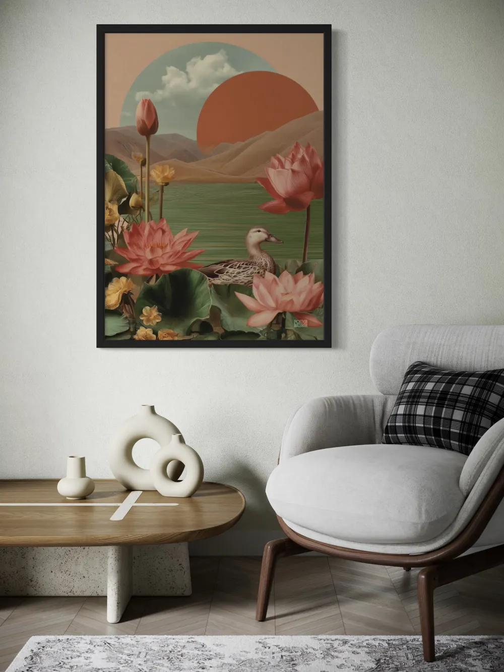 Plakat Lotus Lake Mirage - surrealistyczny plakat z kaczką i kwiatami lotosu nad jeziorem - obrazek 2
