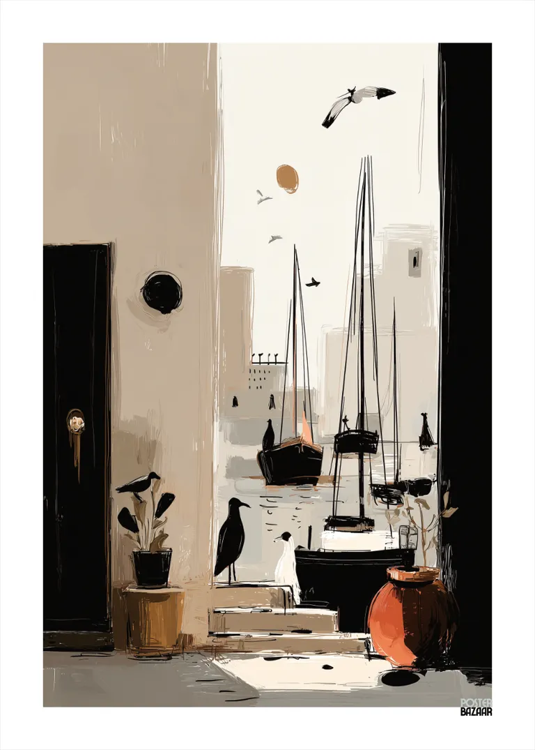 Harbor Morning — spokojny poranek nad portem w stonowanych kolorach