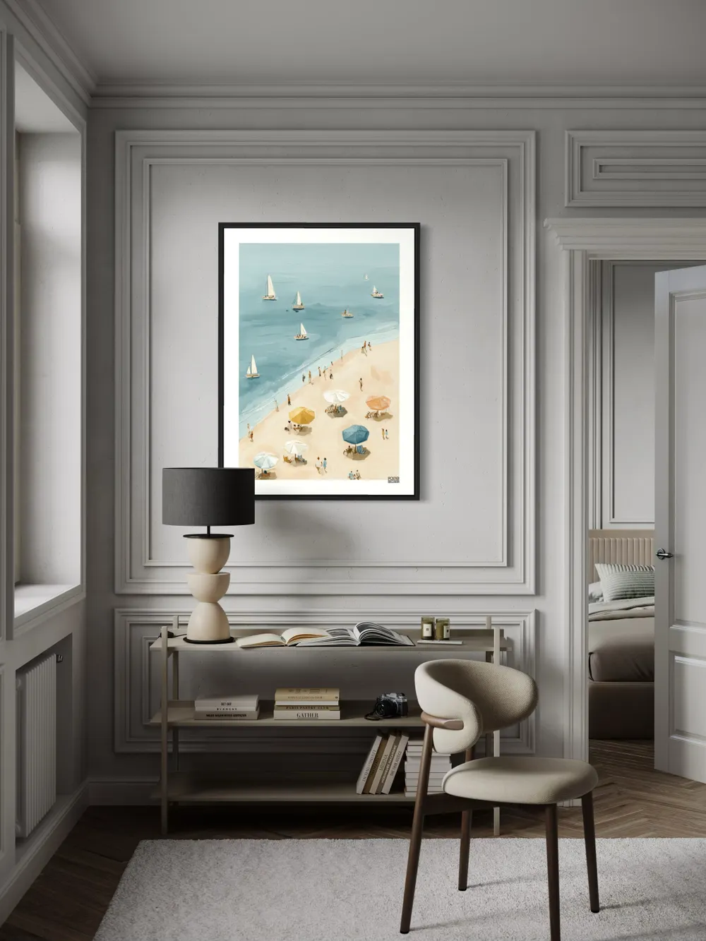 Plakat Sailing Beach - plaża z kolorowymi parasolami i żaglówkami na morzu - obrazek 2