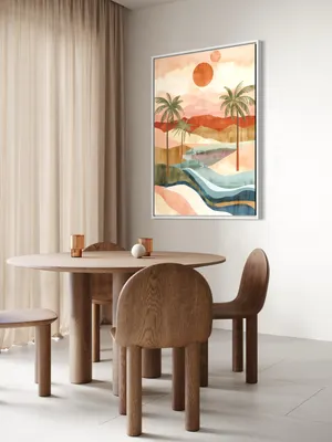 Plakat Tropical Mirage - palmy, turkusowa rzeka, pastelowe niebo, surrealistyczny krajobraz - obrazek 3