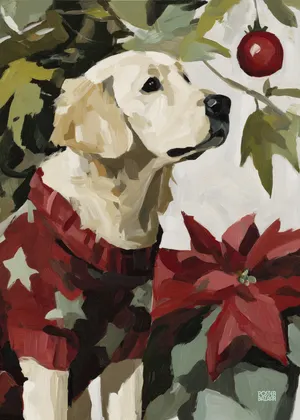 Plakat Starry Poinsettia - uroczy pies w czerwonym swetrze i świąteczny kwiat
